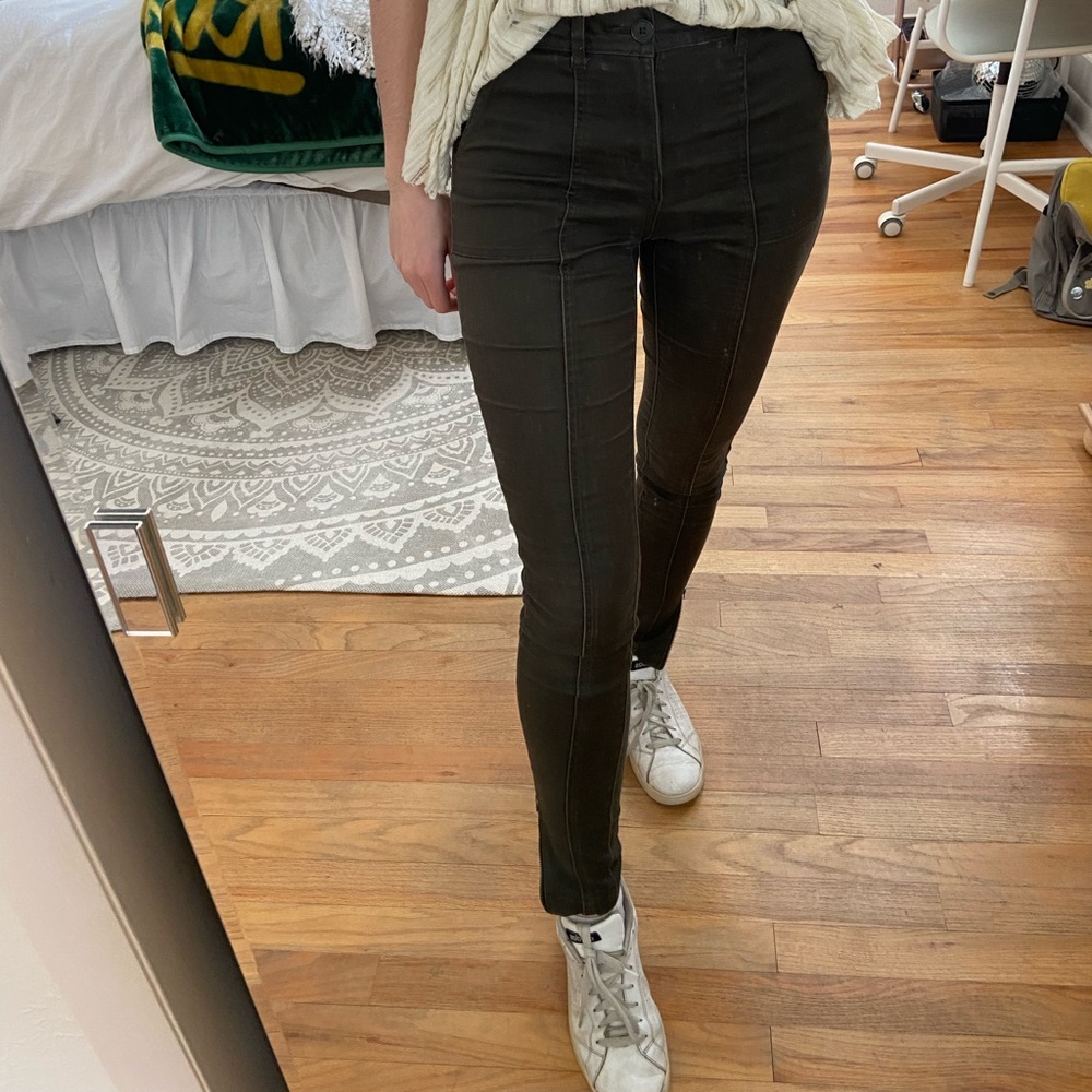 High Waisted Army Green Skinny Jeans With Zipper Detail